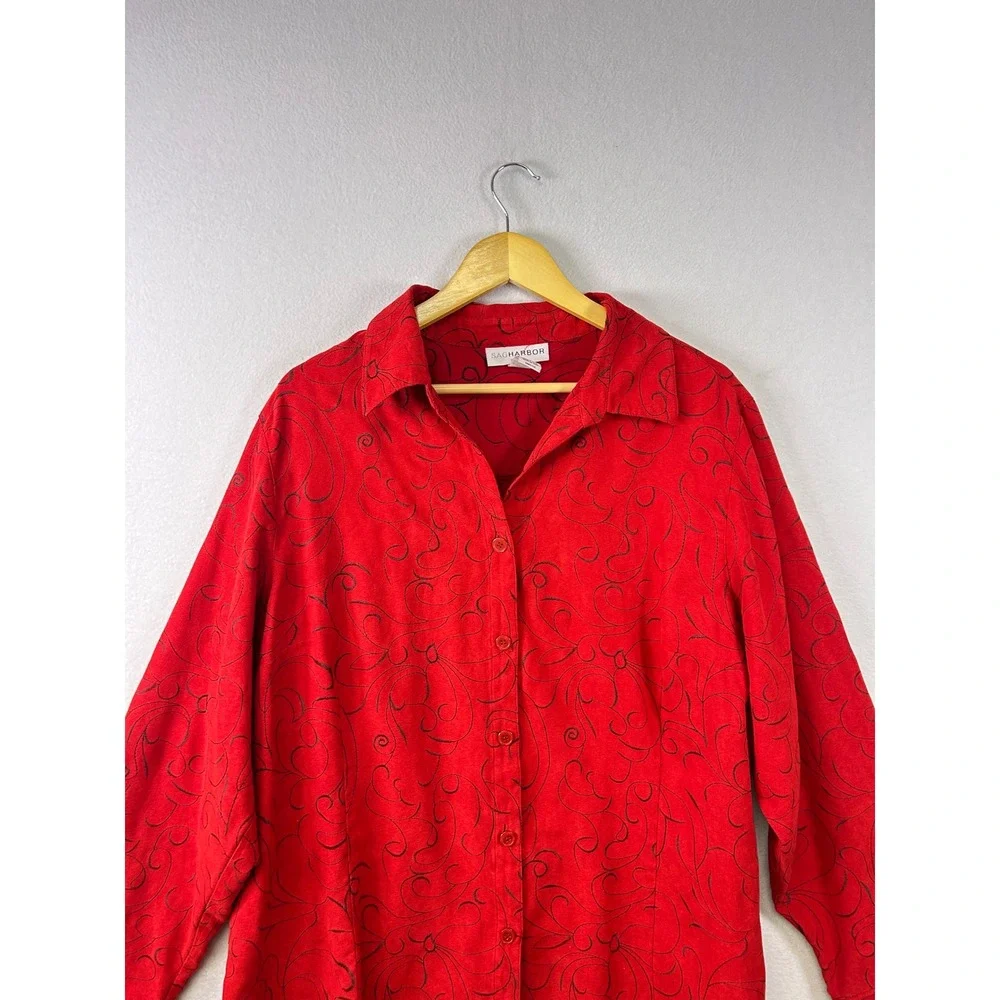 Sag Harbor Red Scroll Print 2X‎ Collared Long Sleeve Botton Down Shirt